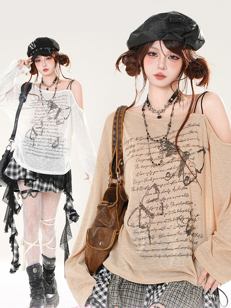 Butterfly Print Asymmetrical Neckline Khaki/White Coverup Semi-sheer