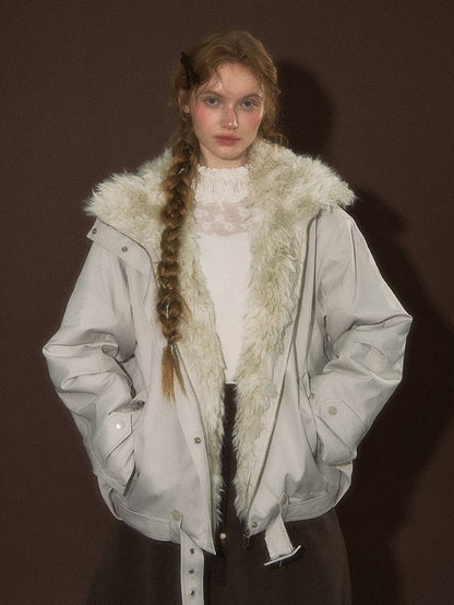 Short Brown/White Jacket Faux Fur Belt Buckle with Collar