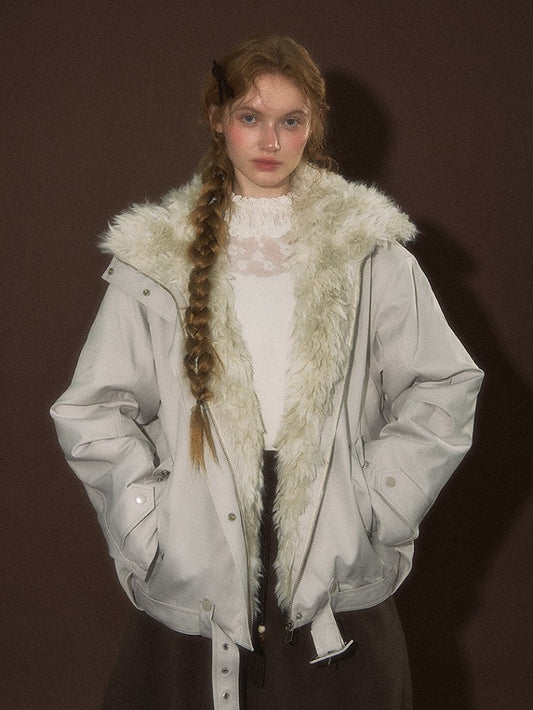 Short Brown/White Jacket Faux Fur Belt Buckle with Collar