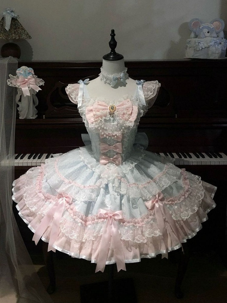 Blue & Pink Layered Lace Lolita JSK with Pearls - Miss Han