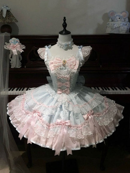 Blue & Pink Layered Lace Lolita JSK with Pearls - Miss Han