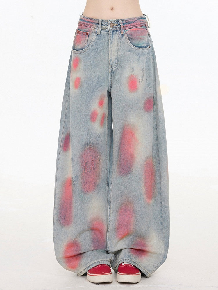 Casual Kawaii Wide-Leg Jeans with Red Spray Print