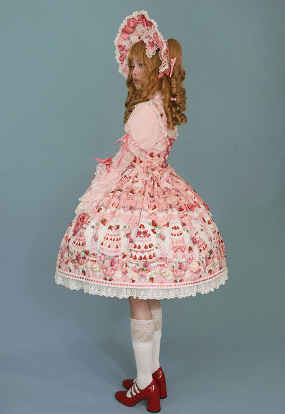 フルプリント/ピンクのセットとJSKロリータデザート甘いイチゴのリボンのアクセント