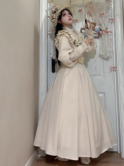 Long-Sleeve Ruffled Beige Classic Dress Elegant Waist Lolita High