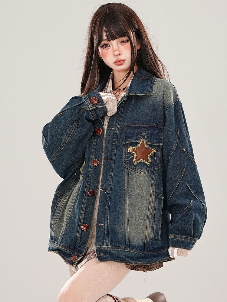 Denim Blue Star Patches Faded Wash Jacket