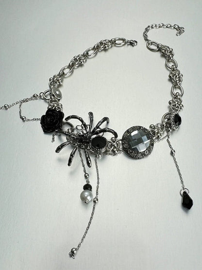 Gothic Silver Spider Choker with Floral Rhinestones - YSHXS