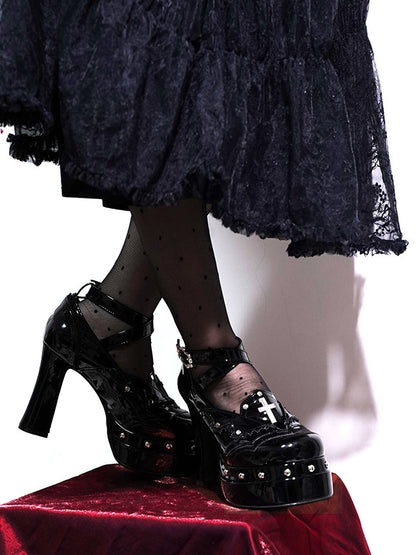 Block - High Coffin-shaped Gothic Platform Buckle Heels Polished Black