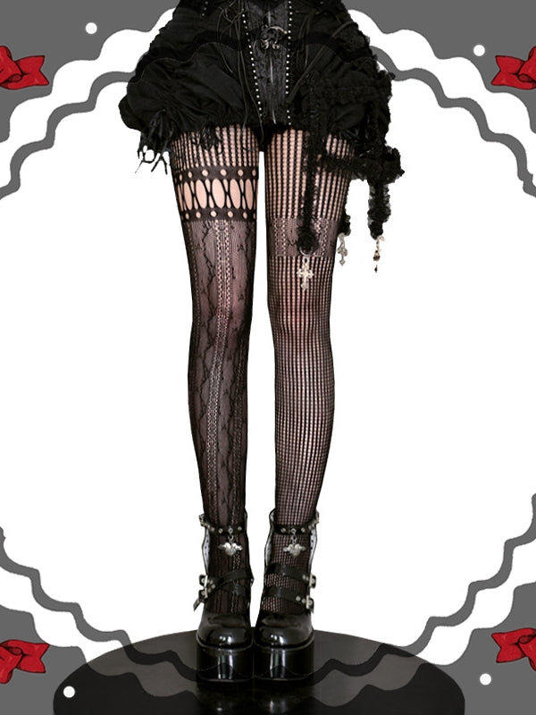 Red / Purple / Black / White Asymmetrical Cutout Fishnet Tights