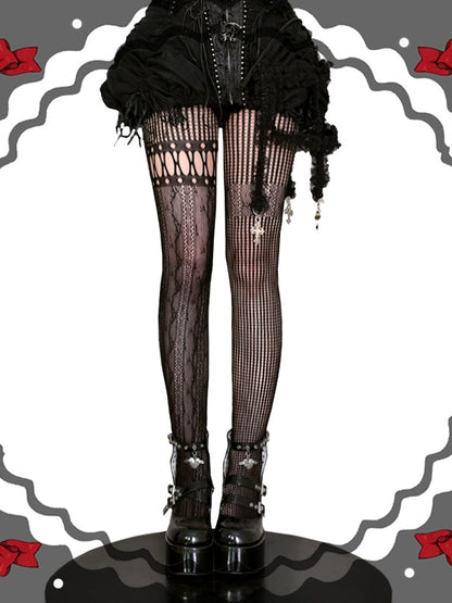 Red / Purple / Black / White Asymmetrical Cutout Fishnet Tights