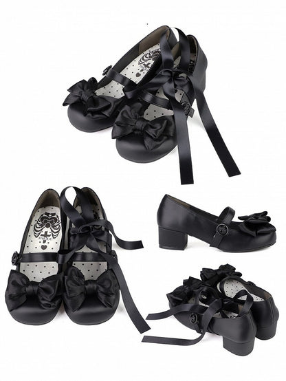 Black Ballet Style Bowknot Lace-up Straps Lolita Shoes - Round Toe & 4.5cm Heel - MODO