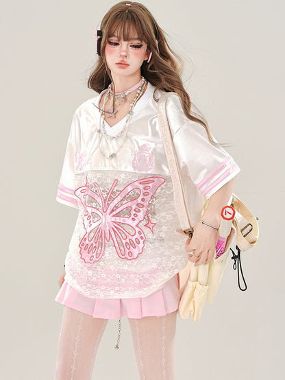 Rosa/Schwarzes sportliches T-Shirt mit Schmetterlingsapplikation und Spitze im Patchwork-Stil