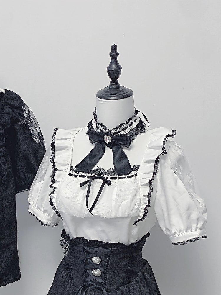 Outfit Cutout Schwarze Kei Bluse Halskorsett - und Square Shoulder Rock Schnürung Weißer Jirai