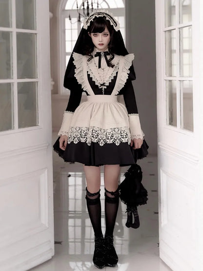 Schwarz-beiges Gothic-Nonnen-Lolita-Kleid mit Rüschenkragen, kurze Version