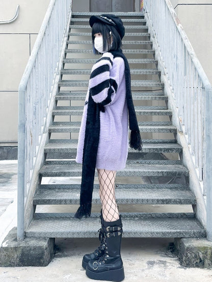 Pattern Sweater and Purple Rose Jirai Striped Oversized Kei Black