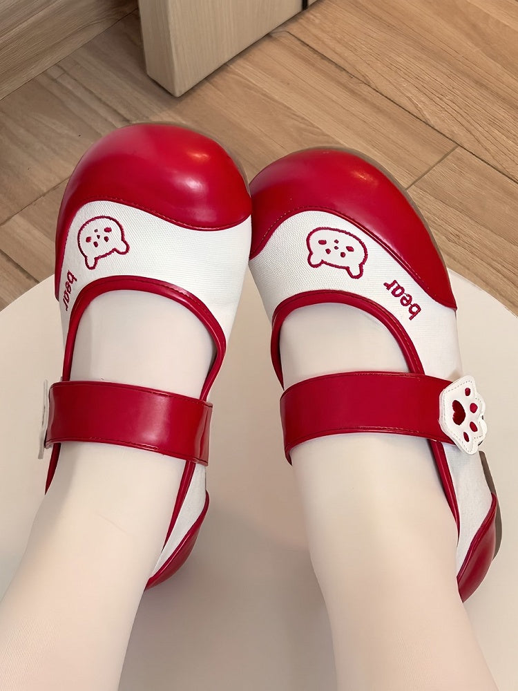 with Paw Bear Low Lolita Strap Heels Velcro Sweet Red