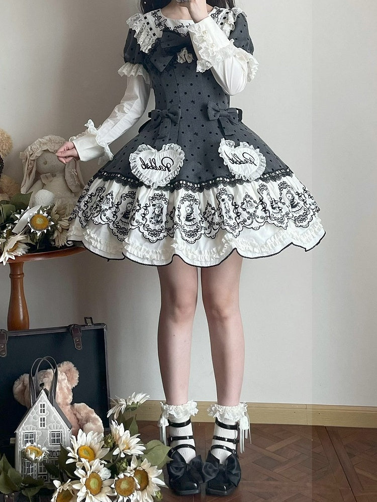Sweet Rabbit Gray Polka Dot Pattern Sweetheart Lolita Detachable Dress Bonnet + with Sleeves Set Appliques