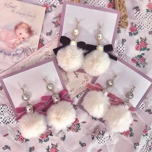 Colors Decorated Bow 3 Pompom Earrings