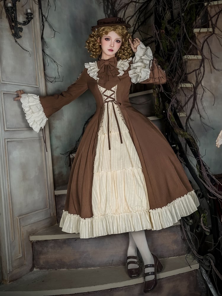 Elegant Long Bell Sleeves and Beige Hat + Autumn OP Version Lolita Brown Bowtie