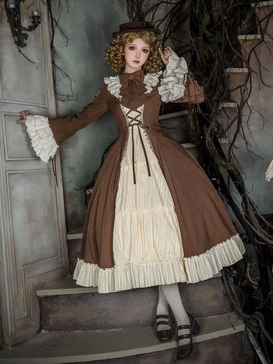 Elegant Long Bell Sleeves and Beige Hat + Autumn OP Version Lolita Brown Bowtie
