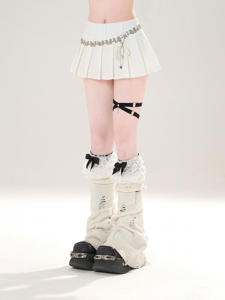 Skirt Black/White with Design Front Button - Pleated Placket Mini Slimming