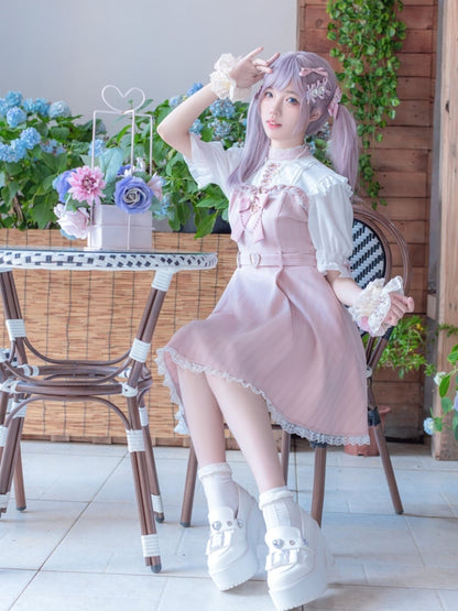 Design Lace Trim Pink Striped Criss-cross Kei Dress with Detachable Neckline Bow Jirai