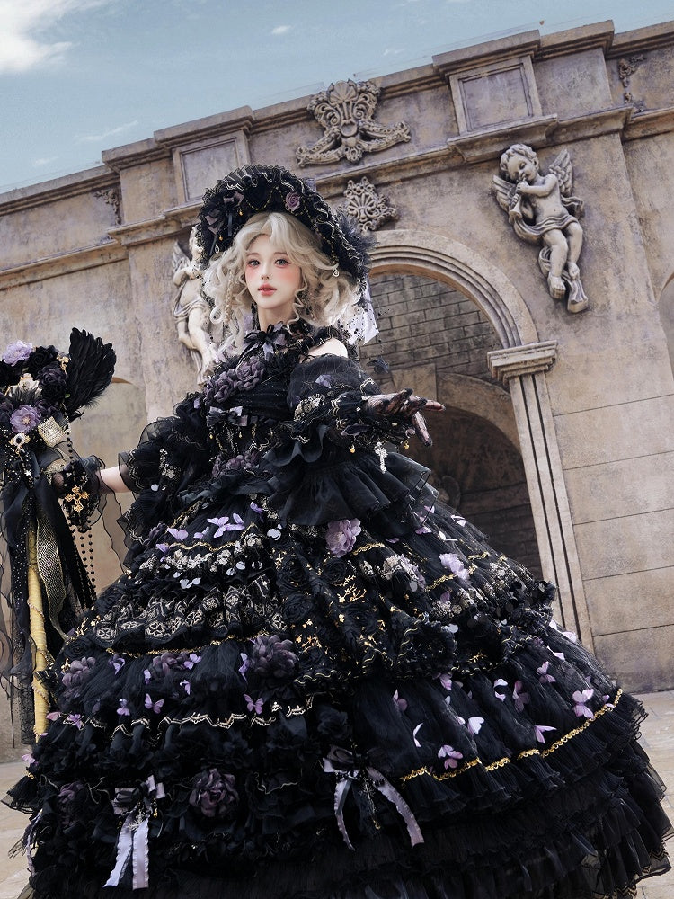 Floor-Length Black & Purple Hanayome Hime Dress with Butterfly and Flower Accents - Cat Fairy Lolita