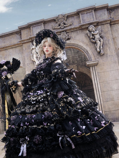 Floor-Length Black & Purple Hanayome Hime Dress with Butterfly and Flower Accents - Cat Fairy Lolita