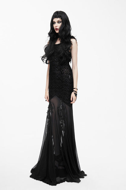 Black Floral Lace Fishtail Maxi Dress Gothic Sexy