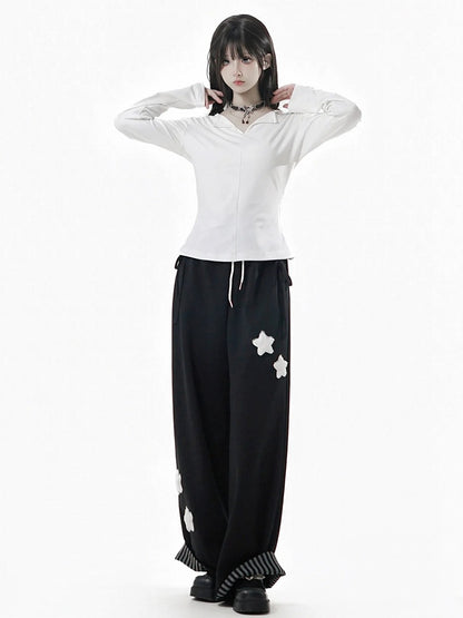 Gray/Black/Beige Plush with Rolled Star Cuffs Appliques Dark Sweatpants Striped