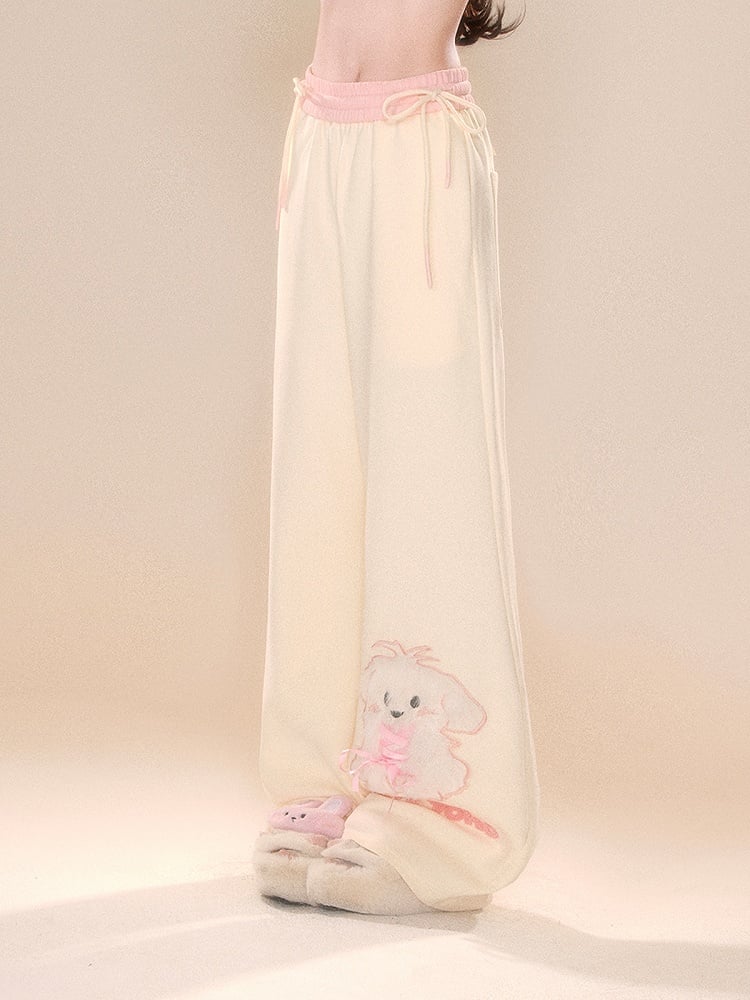 Beige Wide-Leg Pants with Pink Waistband and Embroidered Puppy Design