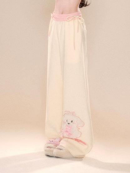 Beige Wide-Leg Pants with Pink Waistband and Embroidered Puppy Design