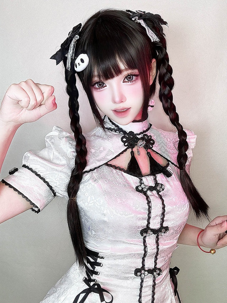 編み込みショートバングスウィッグ+ポニーテールブラック55CMクロー30CMクリップフルストレートダブル付き