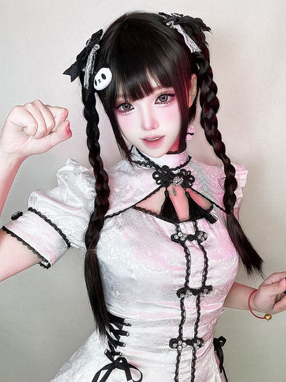 編み込みショートバングスウィッグ+ポニーテールブラック55CMクロー30CMクリップフルストレートダブル付き