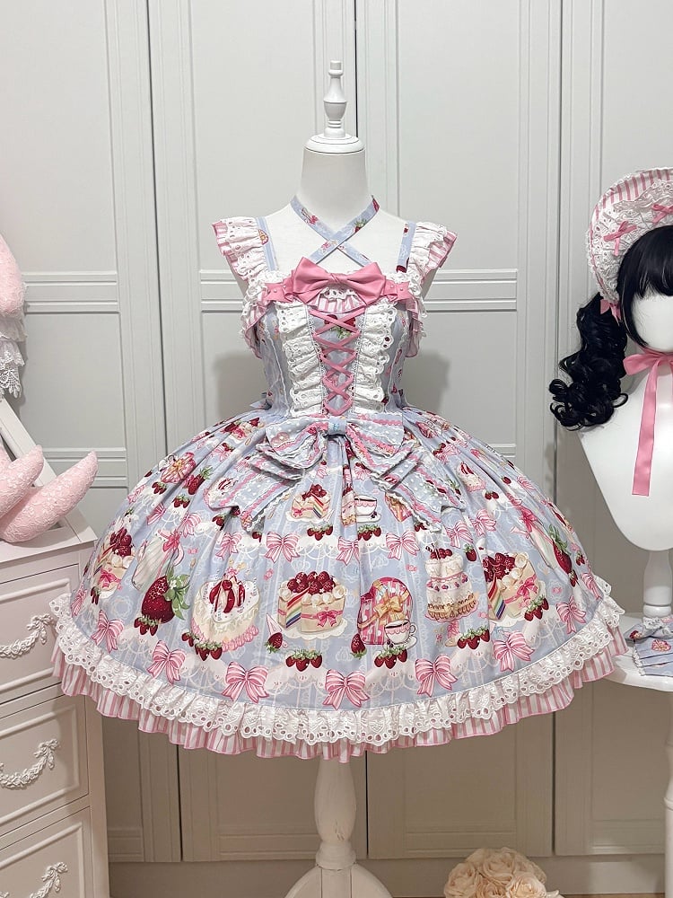 Sweet Skirt and Jumper Bows Blue Dessert Lolita Strawberry Print