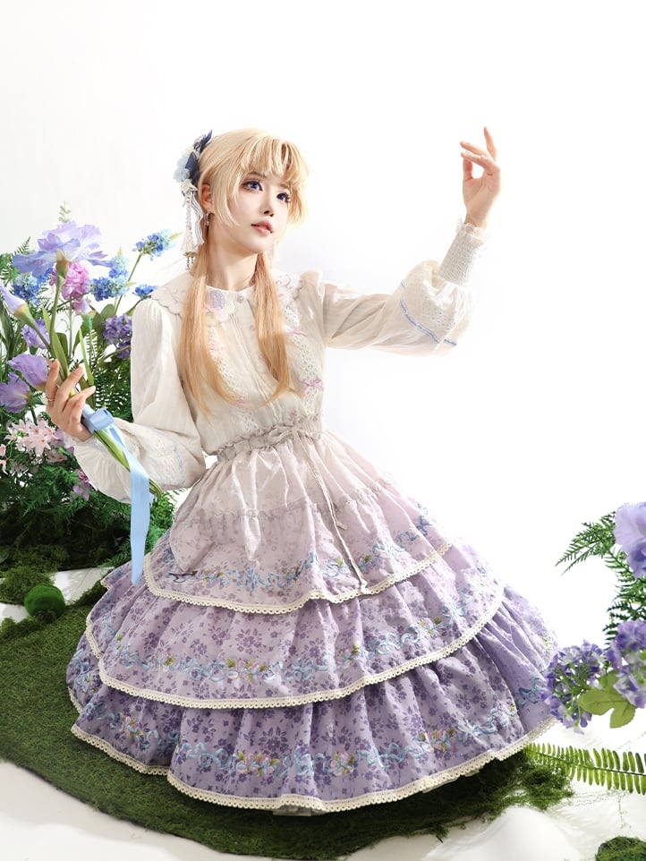 オンブレバイオレットティアードスカート アイリス刺繍 繊細