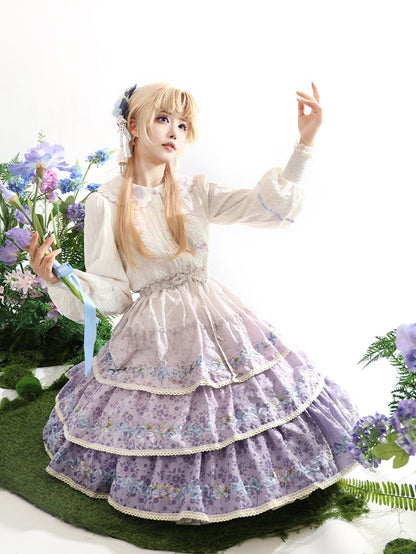 オンブレバイオレットティアードスカート アイリス刺繍 繊細