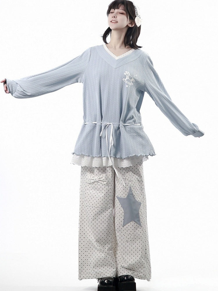 White Straight-Leg Trousers Featuring Light Blue Star Appliqué & Polka Dot Print - PINK SAVIOR