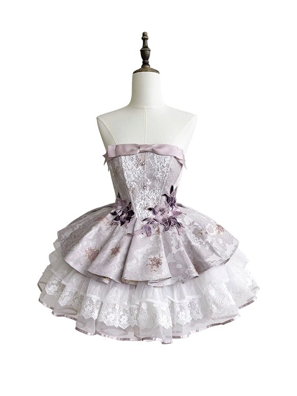 Strapless Floral Lace Layered Lolita Gown - Yimu Walnut