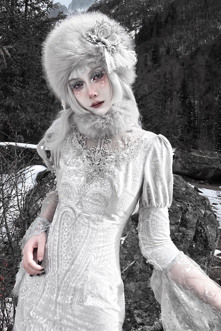 Silver V-Neck Long Sleeves High-Waisted Ruffle Lace Gothic Fishtail Dress