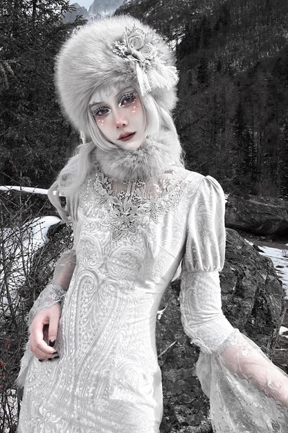 Silver V-Neck Long Sleeves High-Waisted Ruffle Lace Gothic Fishtail Dress