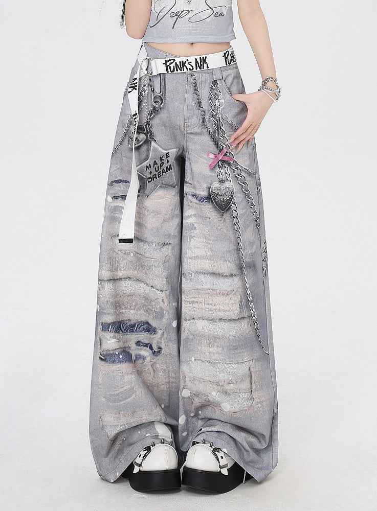 Graue, weit geschnittene Freizeithose mit tiefen Löchern in der Taille und Distressed-Ketten