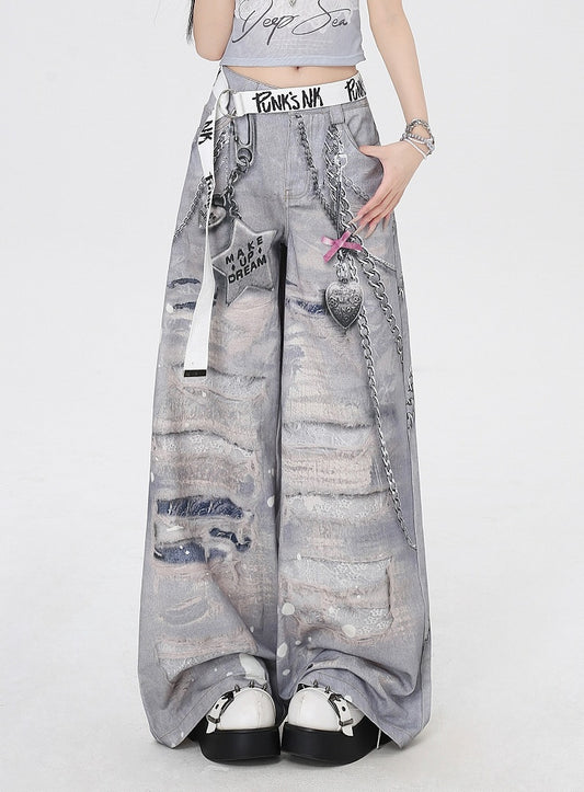 Graue, weit geschnittene Freizeithose mit tiefen Löchern in der Taille und Distressed-Ketten