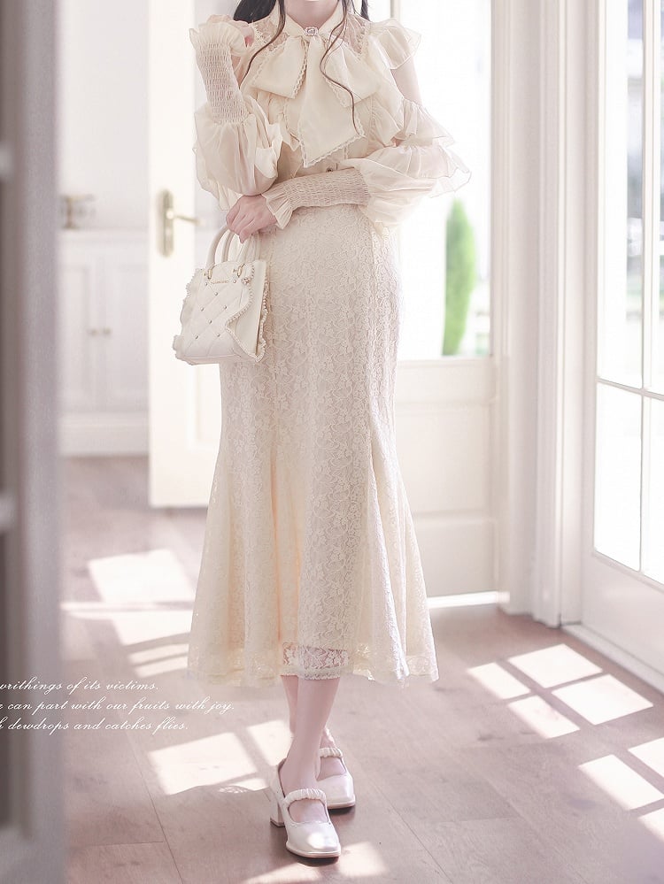 Blouse Jirai Beige Elegance: - Aesthetic Innocent Cutout Clean Kei Flounce Shoulders Chiffon with