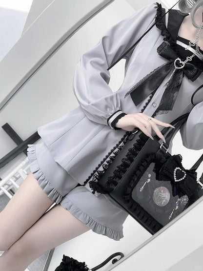 Lilafarbenes Design, Ohren, Krawatte, Jirai-Minikleid + Shorts-Set mit Rüschensaum + Schleife, Dusty Kei, Seemannskragen, Hase