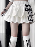 Tiered Skirt Prints Waist Cross Ruffle White Elastic with Black