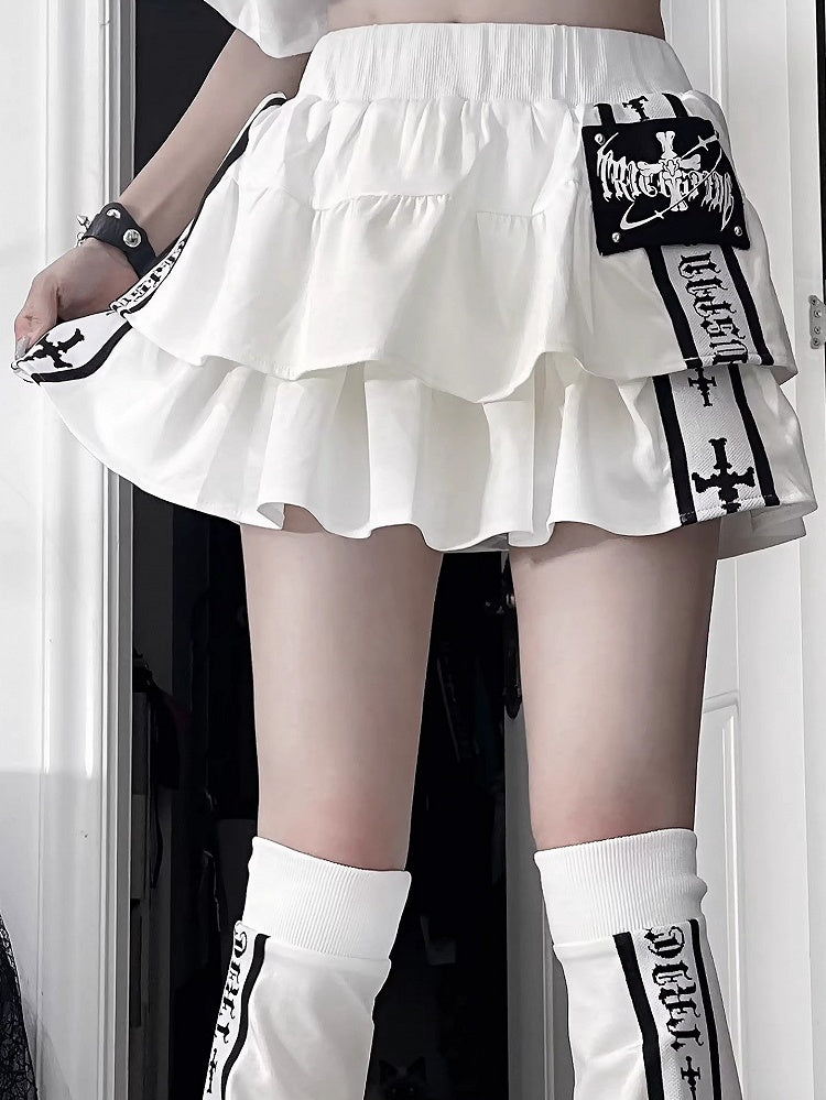 Tiered Skirt Prints Waist Cross Ruffle White Elastic with Black