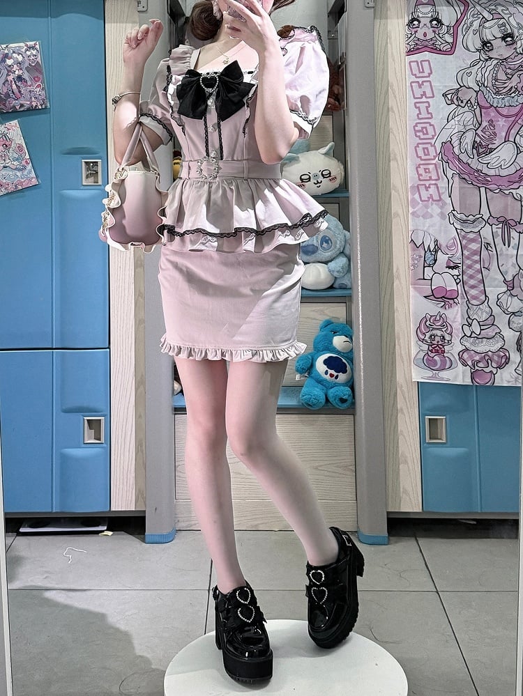 Refined Pink Ojou-sama with - Kei Ruffles Jirai Style Bodycon Dress Puff Elegant Waist