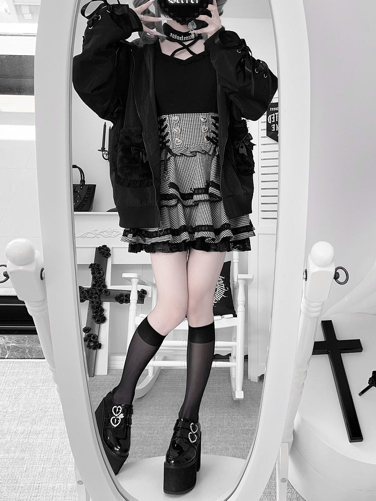Black Plush Bunny Ear Hood Jirai Kei Jacket with Crossed Back Pins & Lace-Up Sleeves