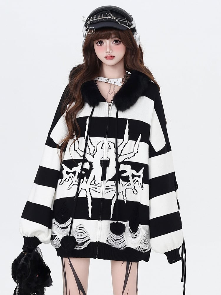 Punk Zip-up Hooded and Fur - Sweater White Removable Collar with Stripes Faux Black