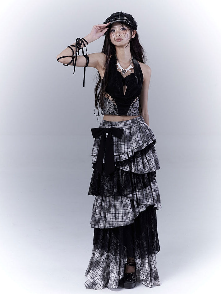 Regular/Long Version Asymmetrical Tiered Plaid Skirt Black Punk